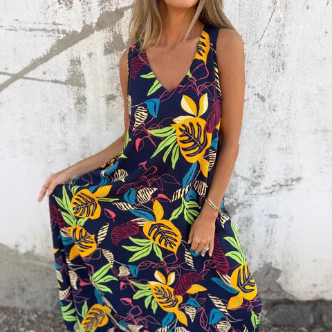 Damen Maxikleid mit fröhlichem Blattdruck und praktischen Taschen WW