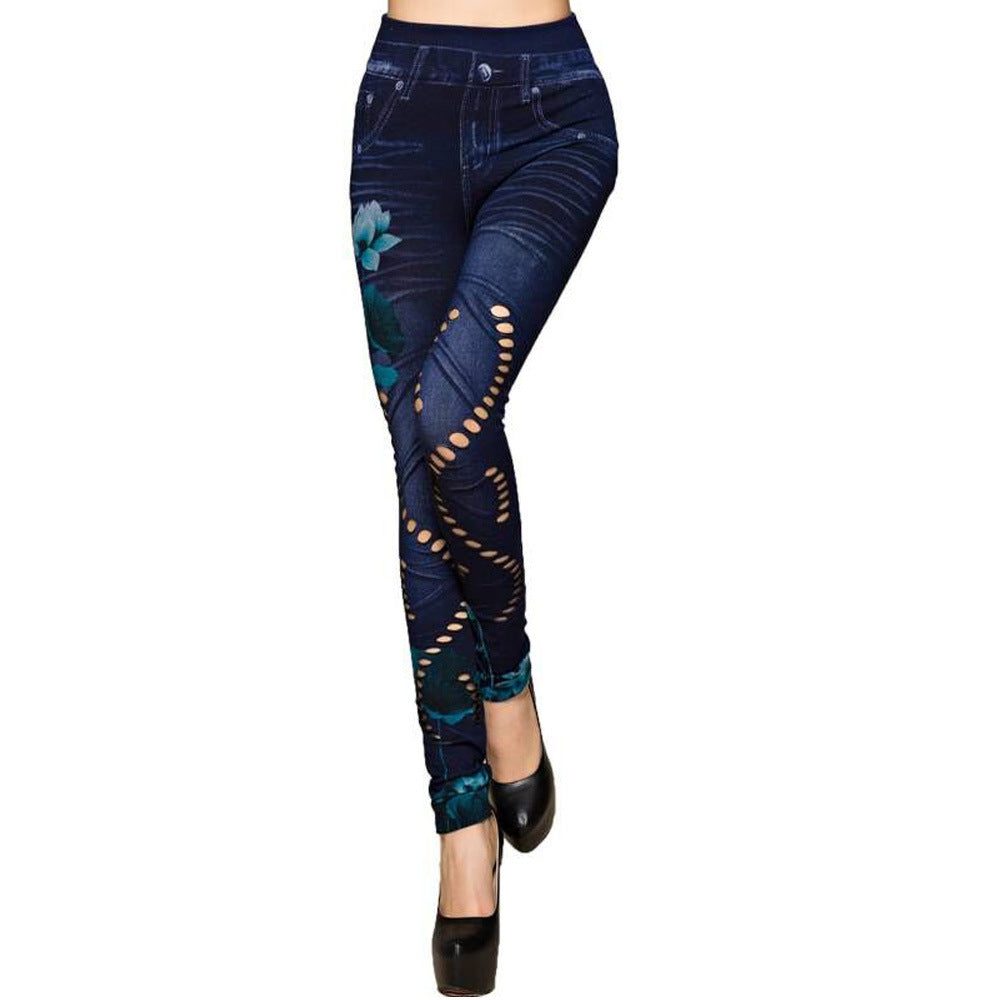 Damen Leggings im floralen Denim-Look mit-hohem Bund und figurformendem Schnitt WW