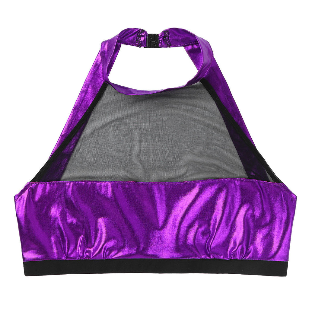 Damen Sportlicher Crop-Top aus glänzendem Material mit dekorativen Rüschen WW