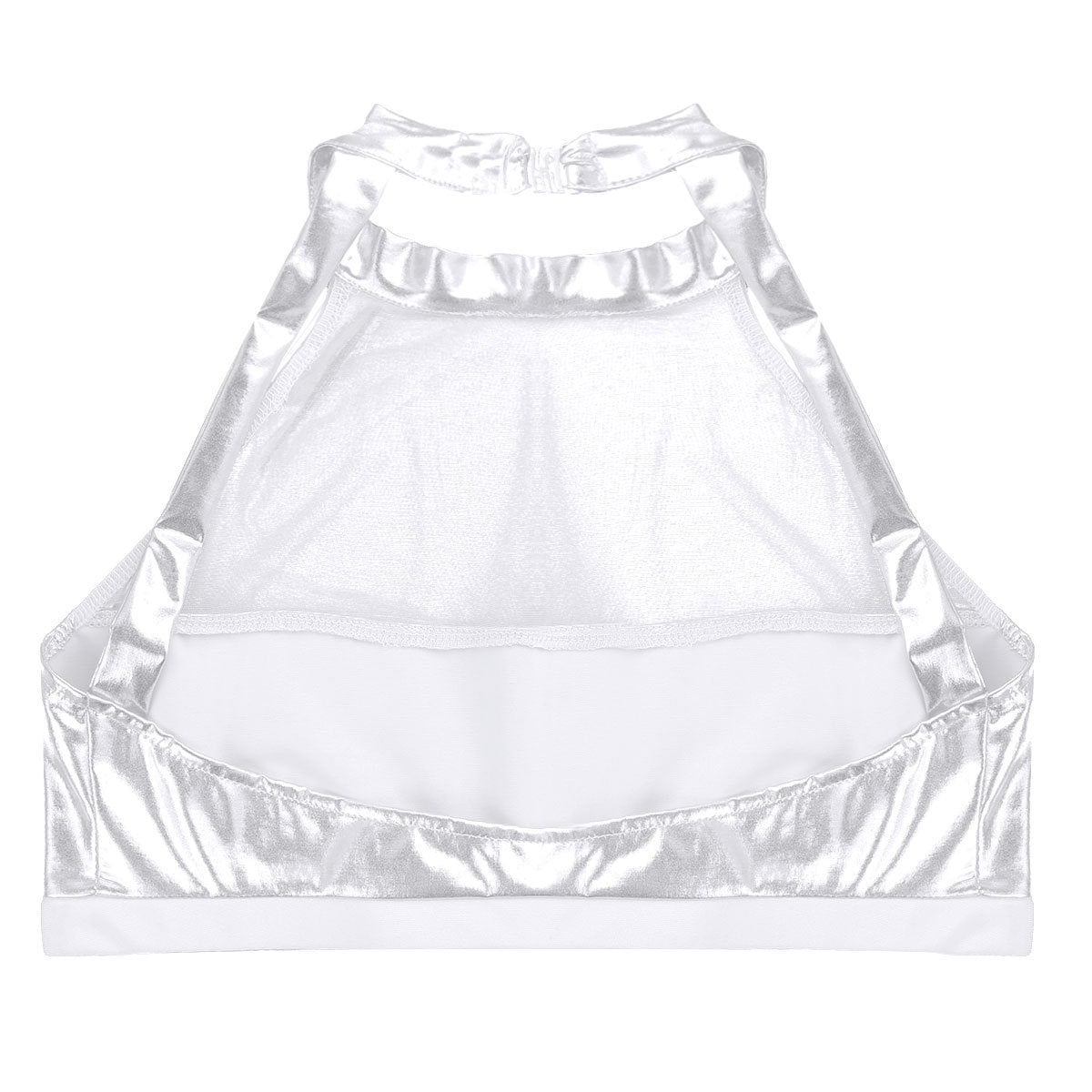Damen Sportlicher Crop-Top aus glänzendem Material mit dekorativen Rüschen WW