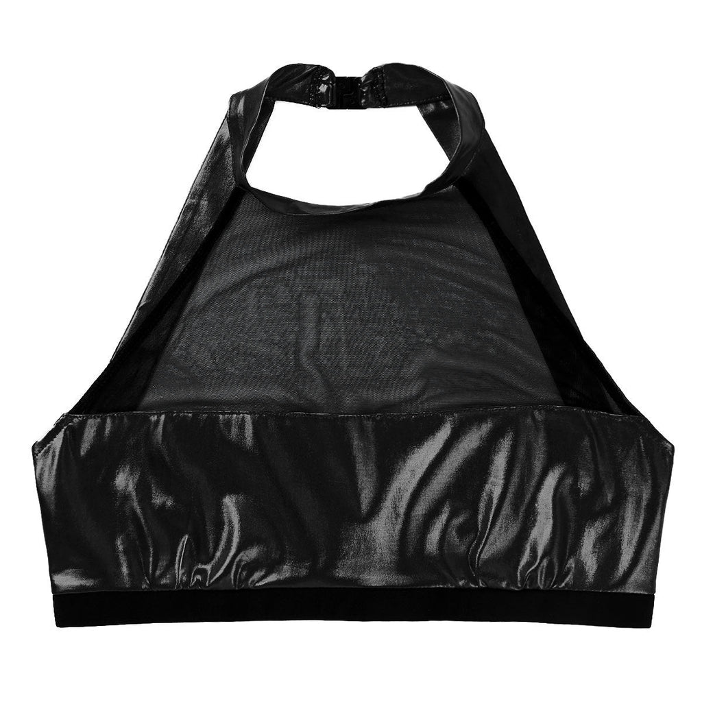 Damen Sportlicher Crop-Top aus glänzendem Material mit dekorativen Rüschen WW