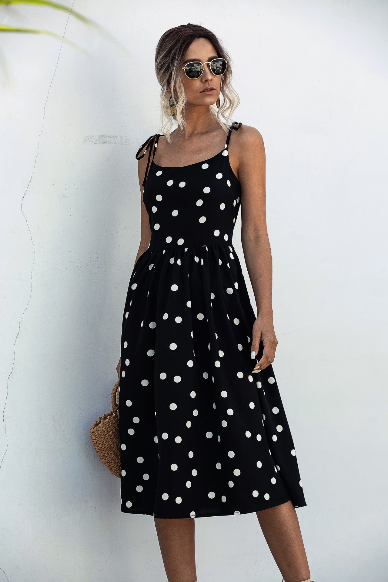 Damen Midi-Kleid mit Punkte-Design und verstellbaren Trägern WW