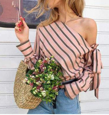 Damen asymmetrische Bluse mit Streifenmuster und Off-Shoulder Design WW