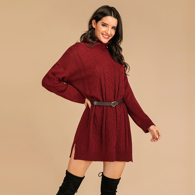 Damen Strickkleid mit hohem Kragen und seitlichen Schlitzen WW