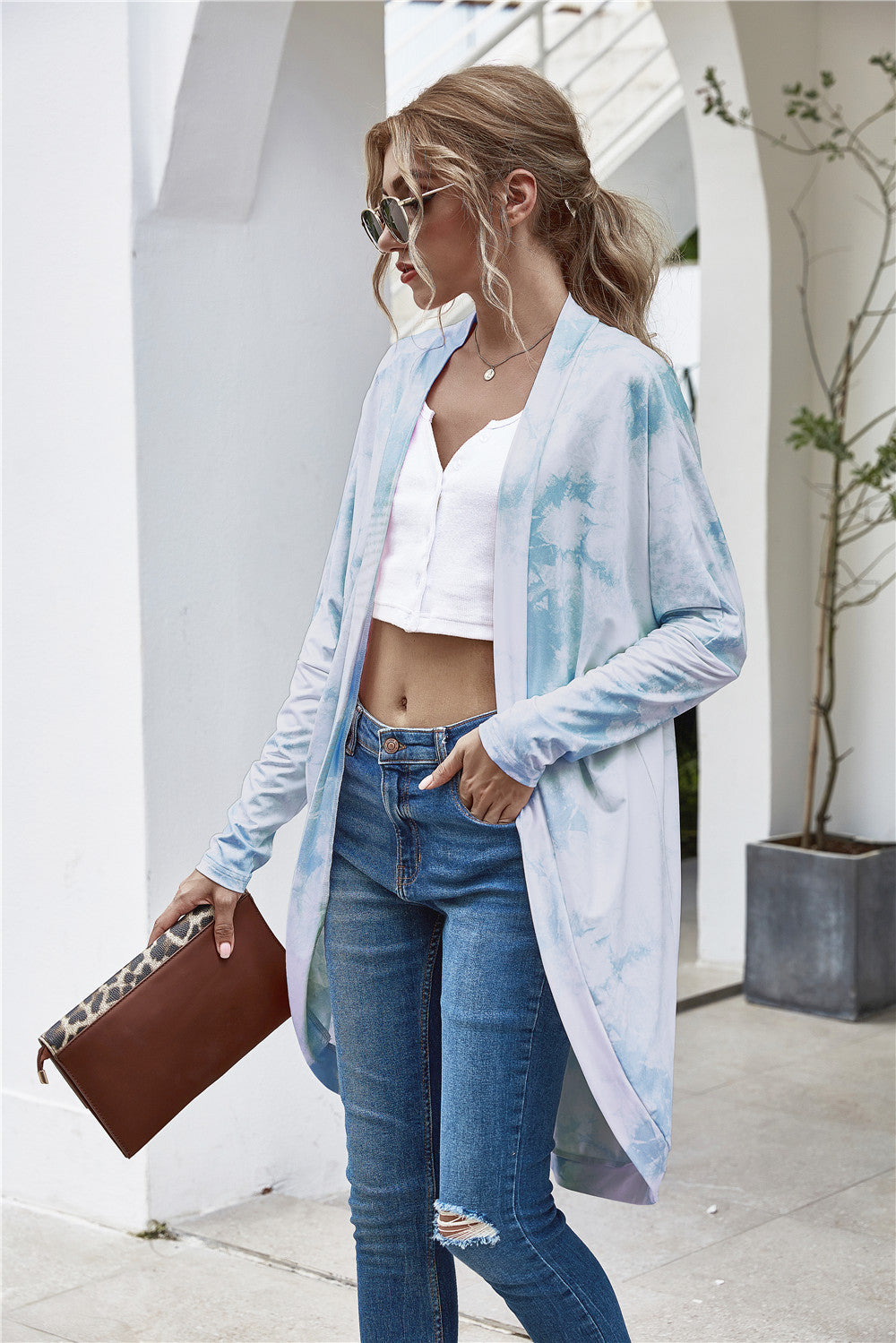Damen Langer Cardigan mit lässiger Fransenverzierung und modernem Batikdesign WW