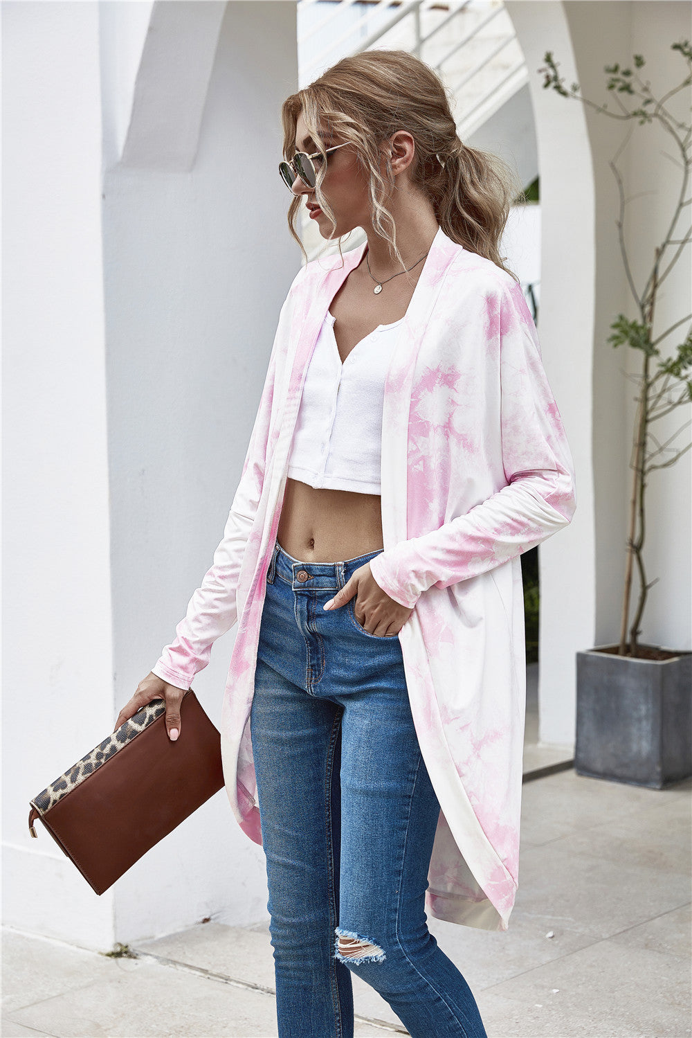 Damen Langer Cardigan mit lässiger Fransenverzierung und modernem Batikdesign WW
