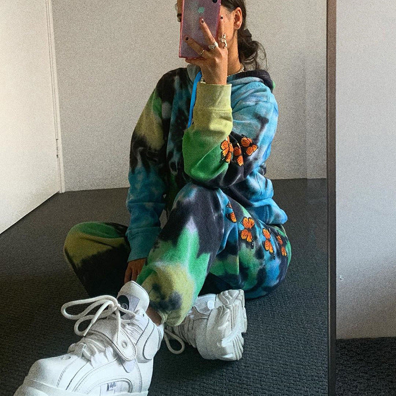 Damen Kapuzenanzug mit buntem Batikmuster und floralen Applikationen WW