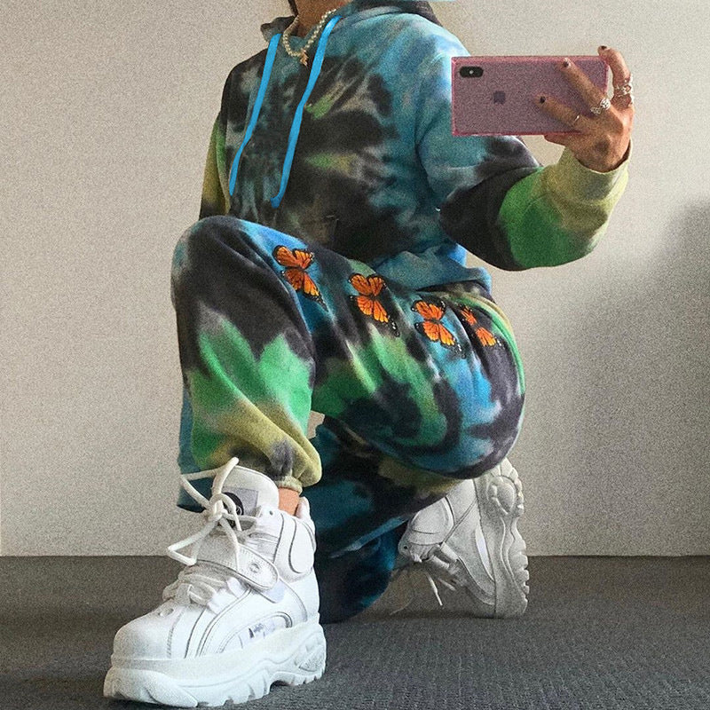 Damen Kapuzenanzug mit buntem Batikmuster und floralen Applikationen WW