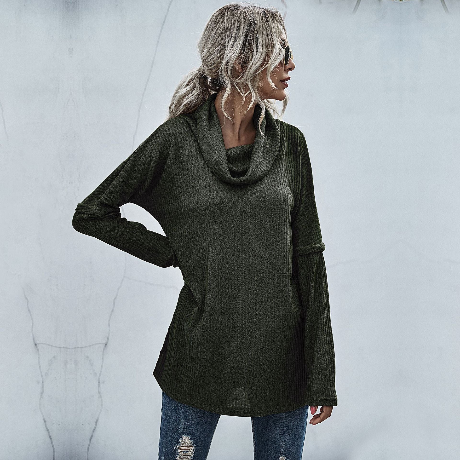 Damen modischer Oversized Pullover mit weitem Kragen und Rippstruktur WW