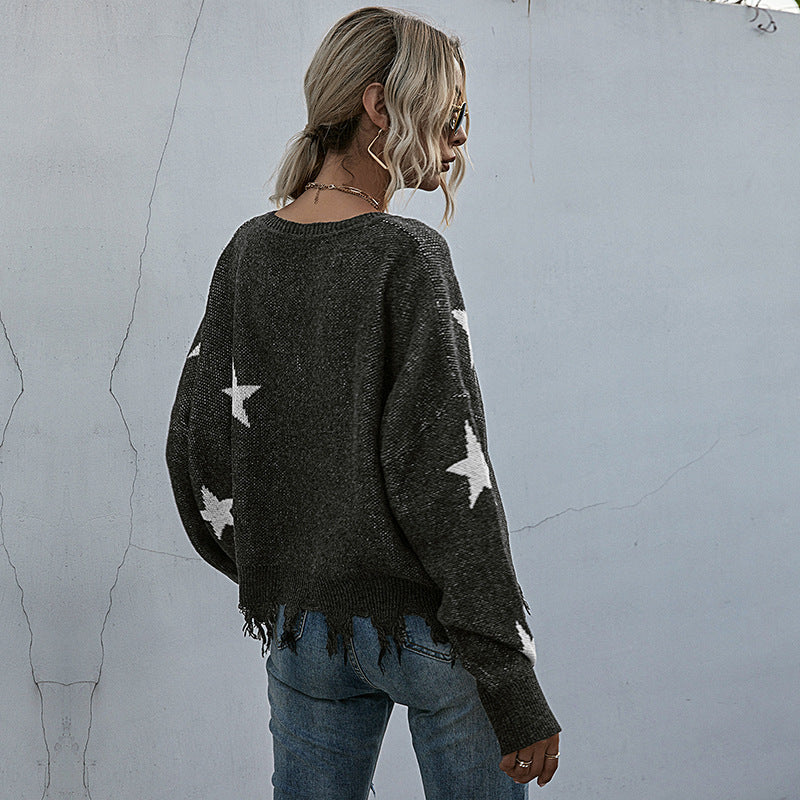 Damen lässiger Strickpullover mit asymmetrischem Schnitt und Sternenmuster WW