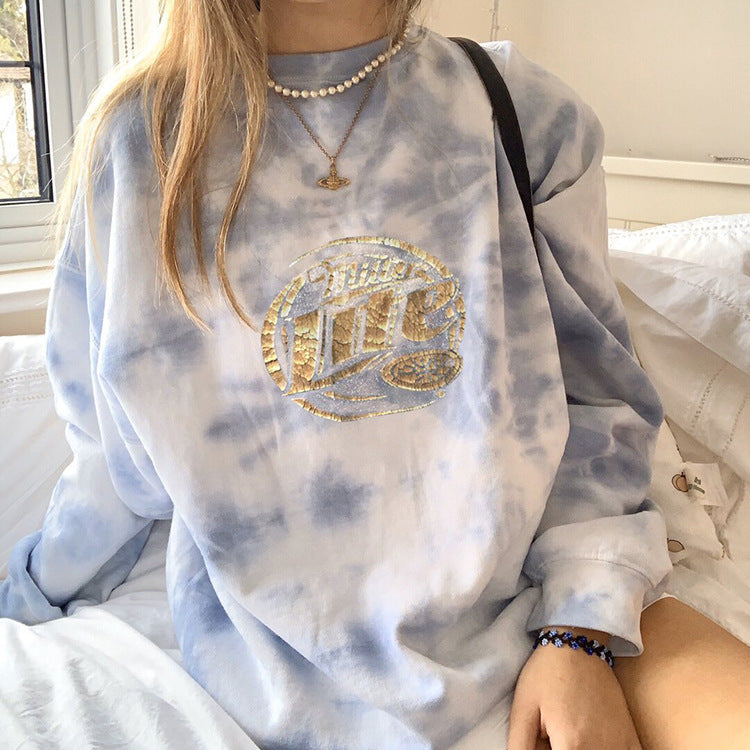 Damen Oversized Sweatshirt mit künstlerischem Batikdesign und glitzerndem Logo WW