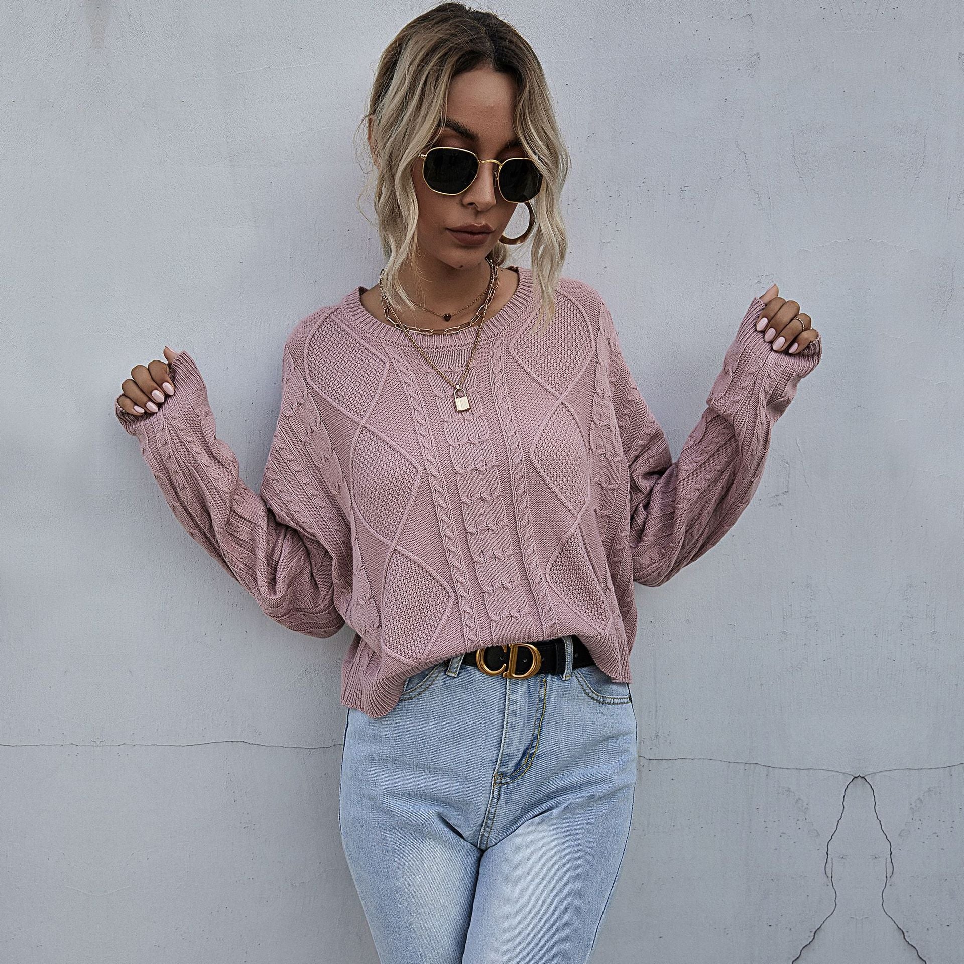 Damen lässiger Strickpullover mit exklusivem Zopfdesign WW