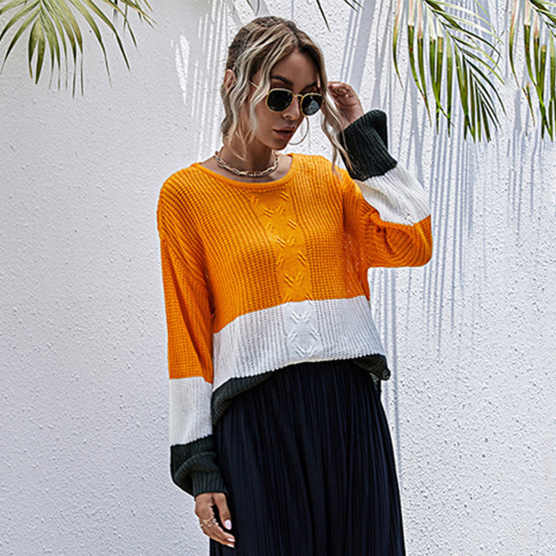 Damen modischer Strickpullover mit Colorblock-Design und weitem Schnitt WW