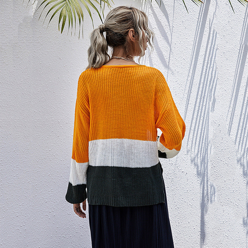 Damen modischer Strickpullover mit Colorblock-Design und weitem Schnitt WW