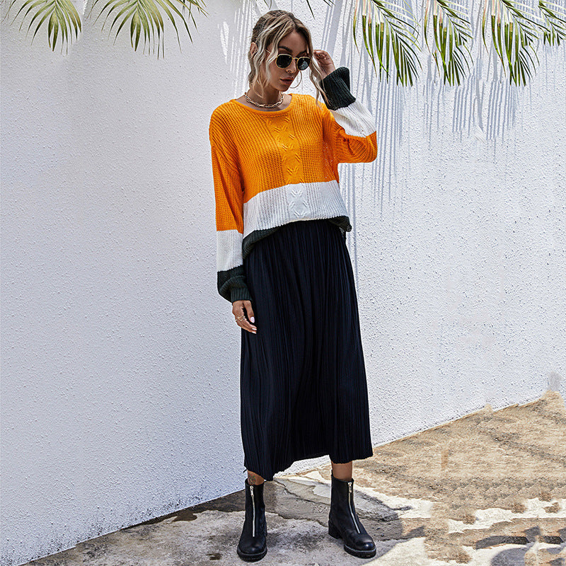 Damen modischer Strickpullover mit Colorblock-Design und weitem Schnitt WW