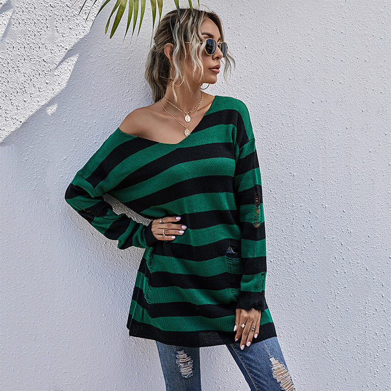 Damen Oversized Strickpullover mit asymmetrischem Schnitt und Streifenmuster WW