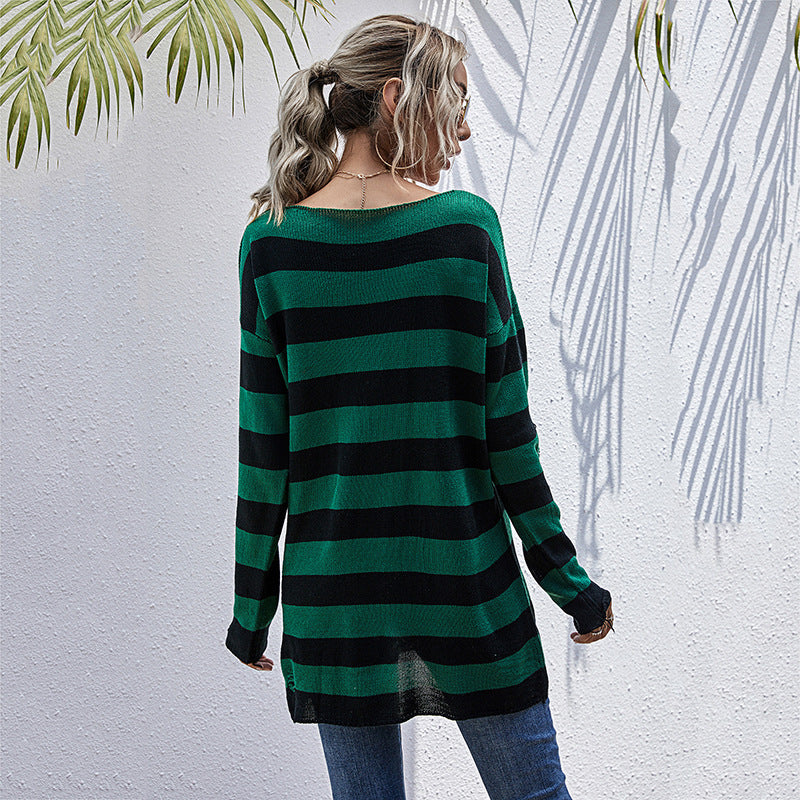 Damen Oversized Strickpullover mit asymmetrischem Schnitt und Streifenmuster WW