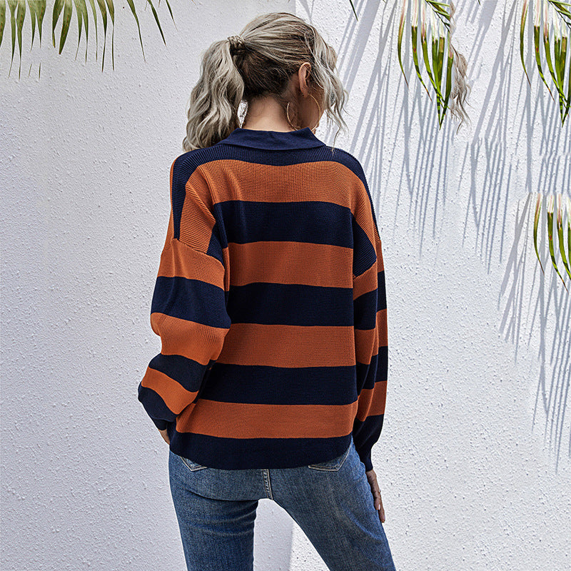 Damen gestreifter Pullover mit Knopfleiste und hochwertigem Rippdesign WW