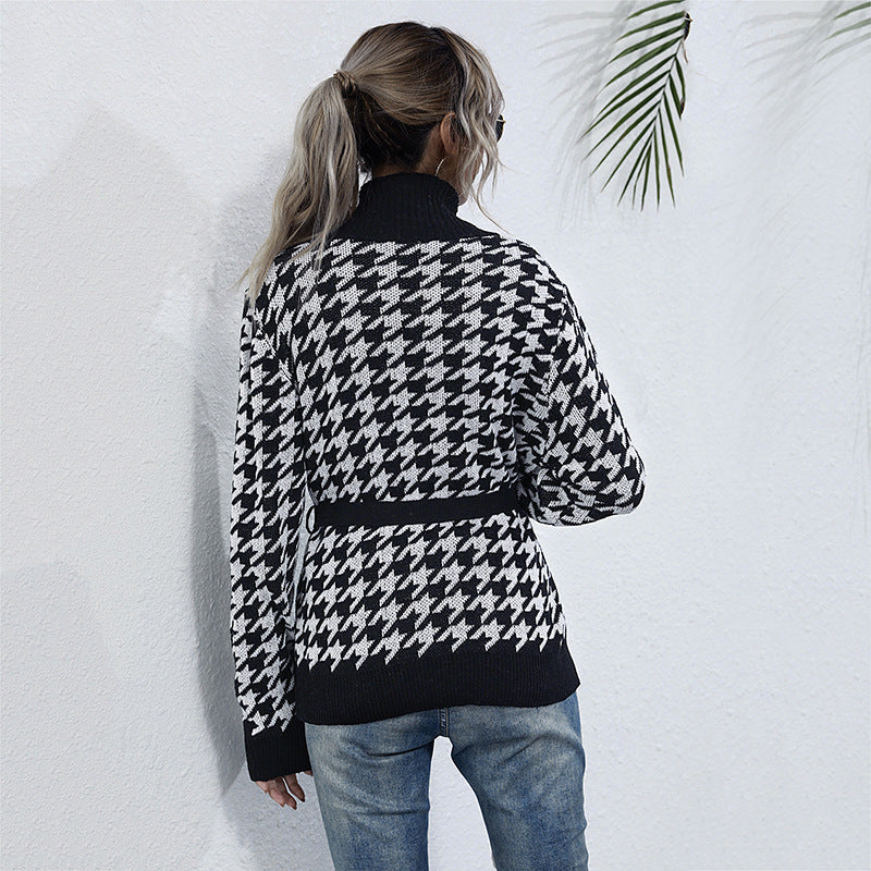 Damen Stilvolle Strickjacke mit Bindegürtel im Hahnentritt-Muster WW