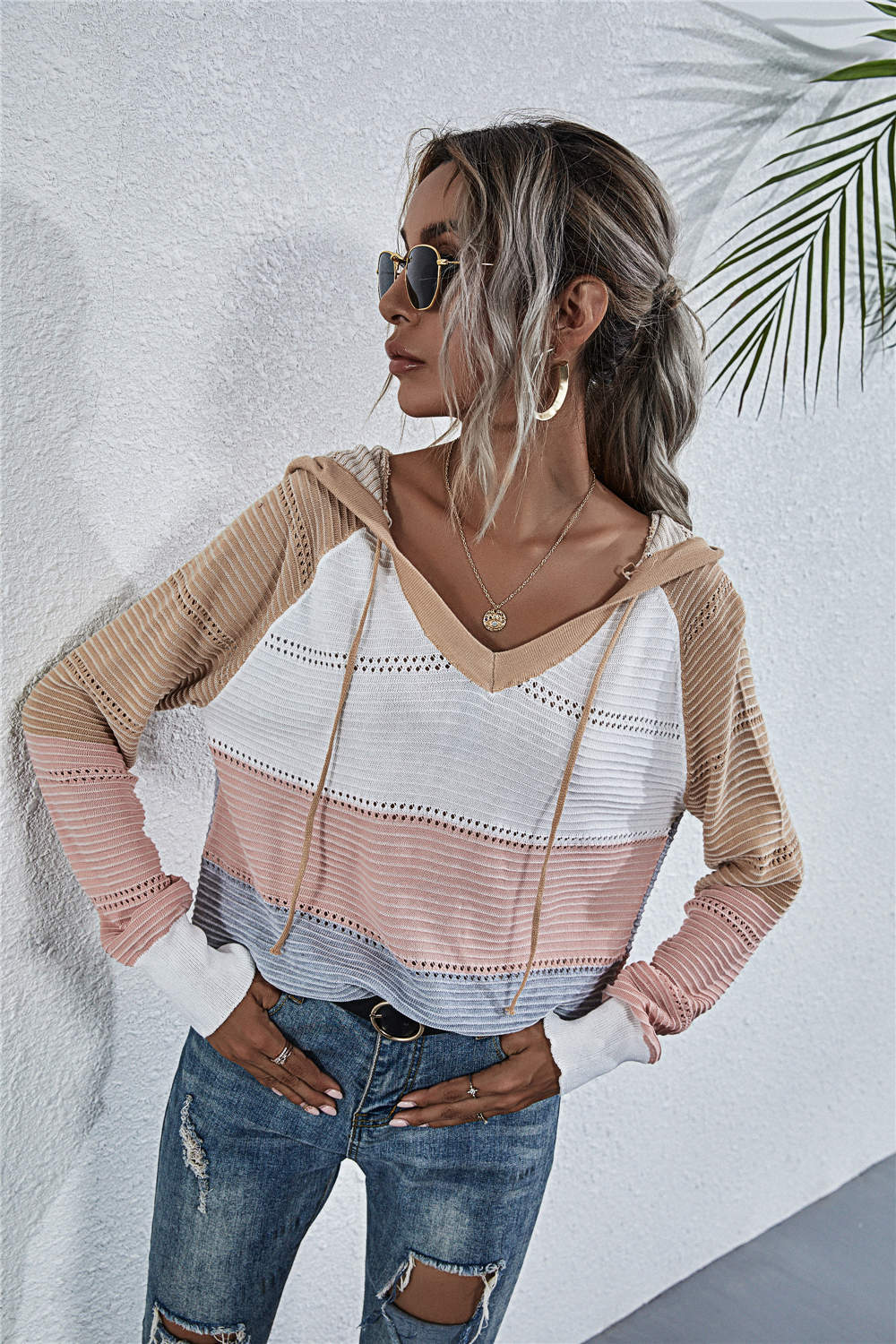 Damen lässiger Pullover mit V-Ausschnitt und Kapuze WW