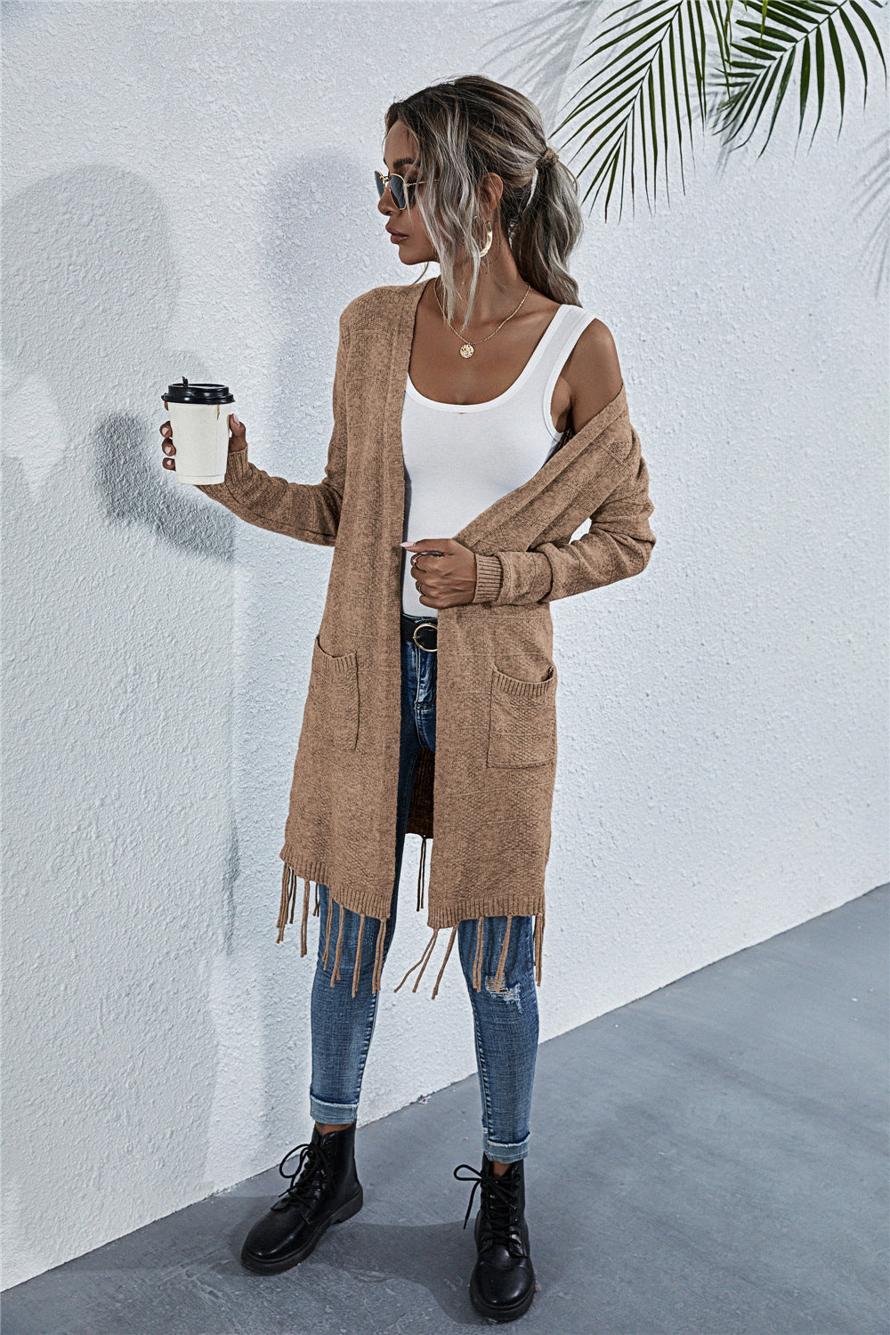 Damen modische Strickjacke mit Fransen und Taschen WW