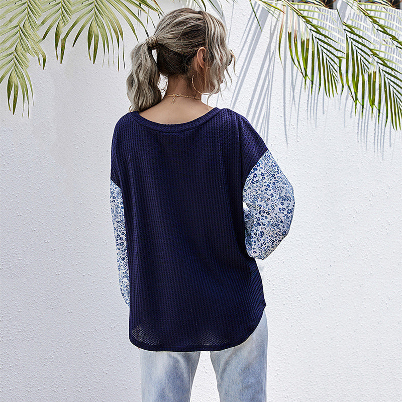 Damen lässiger Strickpullover mit voluminösen Ärmeln und floralem Design WW