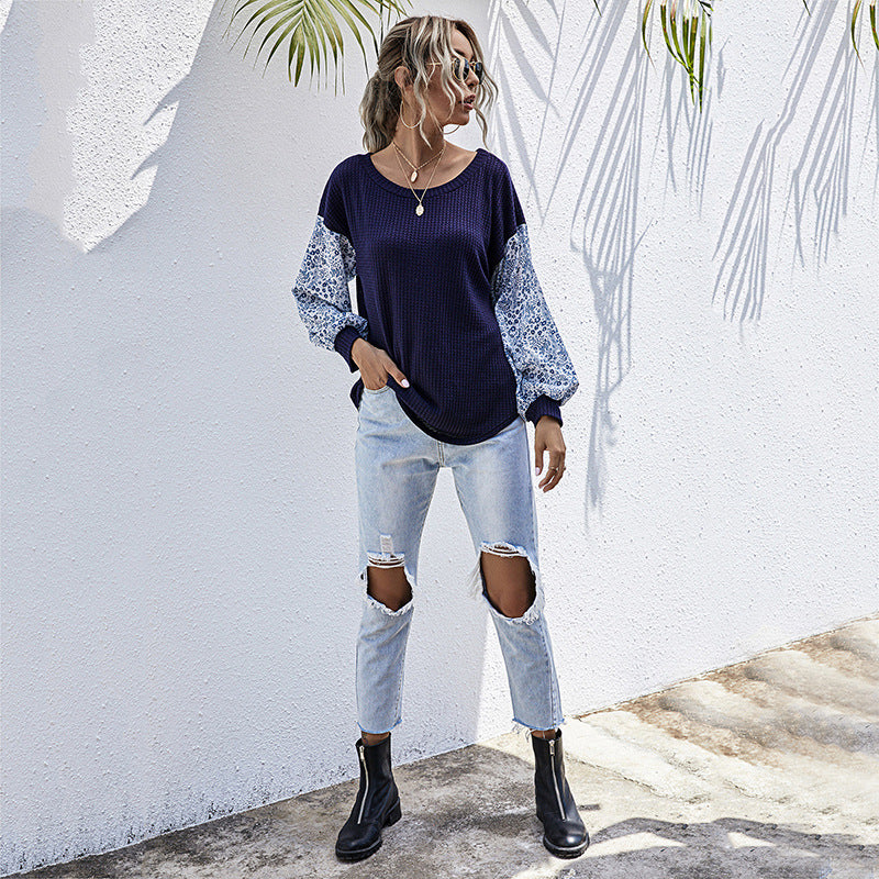 Damen lässiger Strickpullover mit voluminösen Ärmeln und floralem Design WW