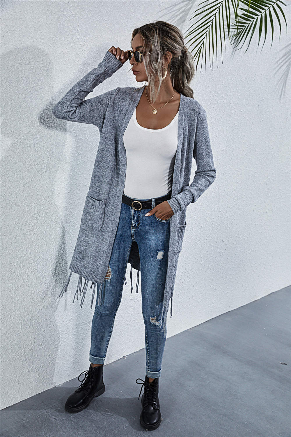 Damen modische Strickjacke mit Fransen und Taschen WW