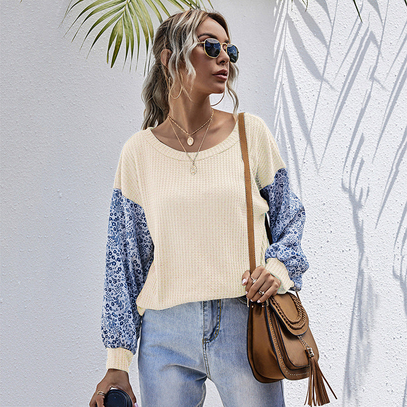 Damen lässiger Strickpullover mit voluminösen Ärmeln und floralem Design WW