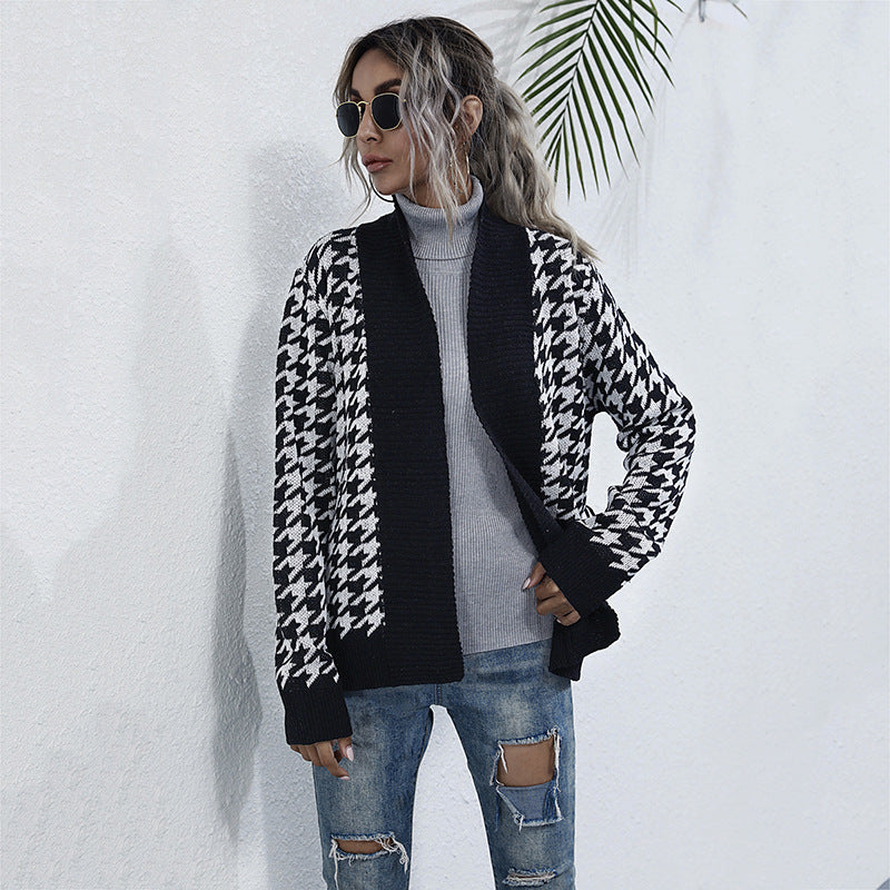 Damen Stilvolle Strickjacke mit Bindegürtel im Hahnentritt-Muster WW