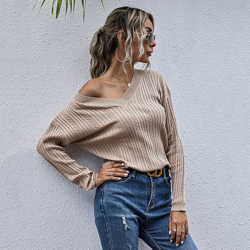 Damen lässiger Strickpullover mit V-Ausschnitt und Rippstruktur WW