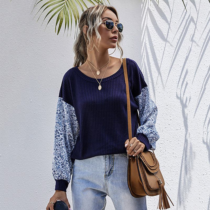 Damen lässiger Strickpullover mit voluminösen Ärmeln und floralem Design WW
