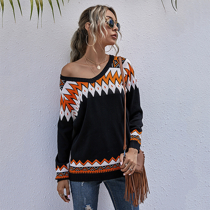 Damen Oversized Pullover mit tiefem V-Ausschnitt und geometrischem Muster WW