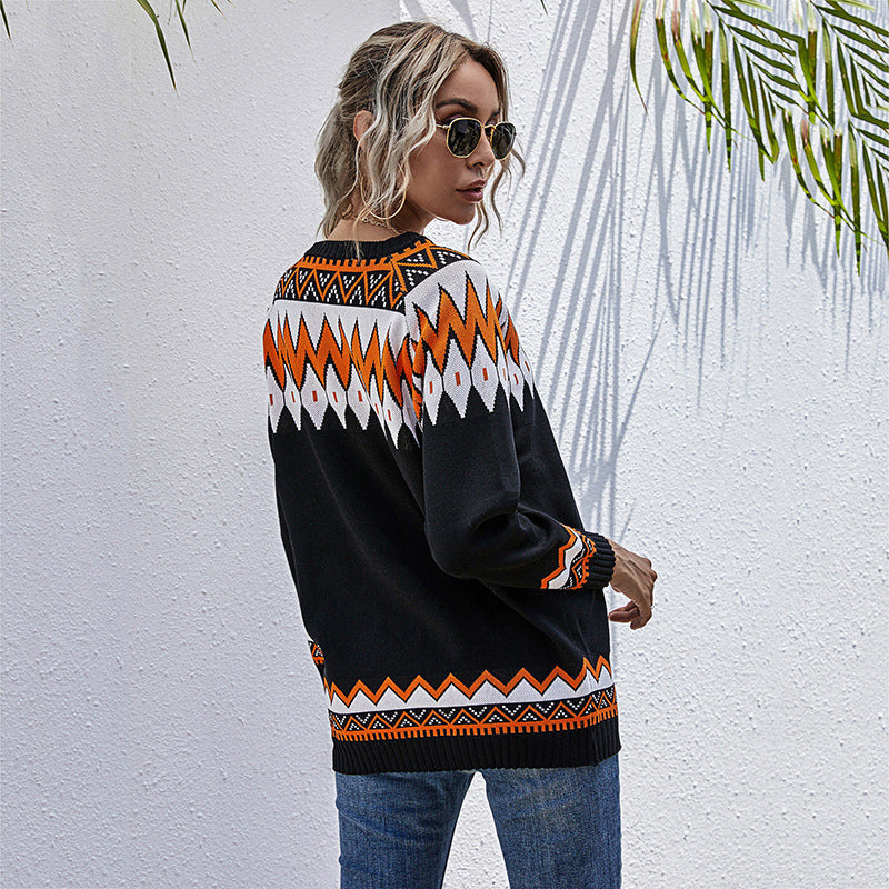 Damen Oversized Pullover mit tiefem V-Ausschnitt und geometrischem Muster WW