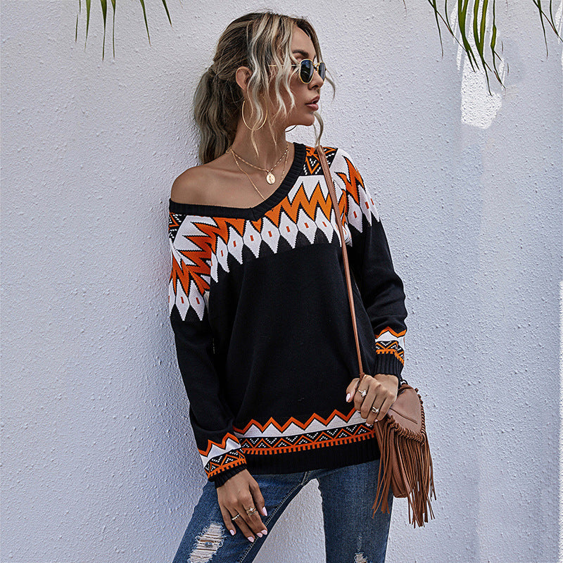 Damen Oversized Pullover mit tiefem V-Ausschnitt und geometrischem Muster WW