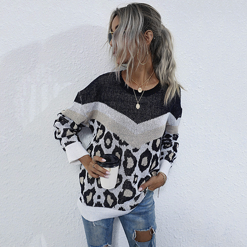 Damen lässiger Strickpullover mit grafischem Leoparden-Design WW