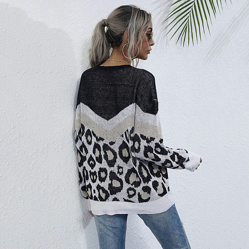 Damen lässiger Strickpullover mit grafischem Leoparden-Design WW