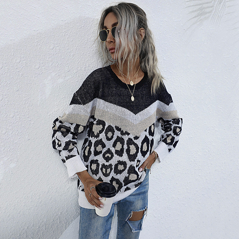 Damen lässiger Strickpullover mit grafischem Leoparden-Design WW