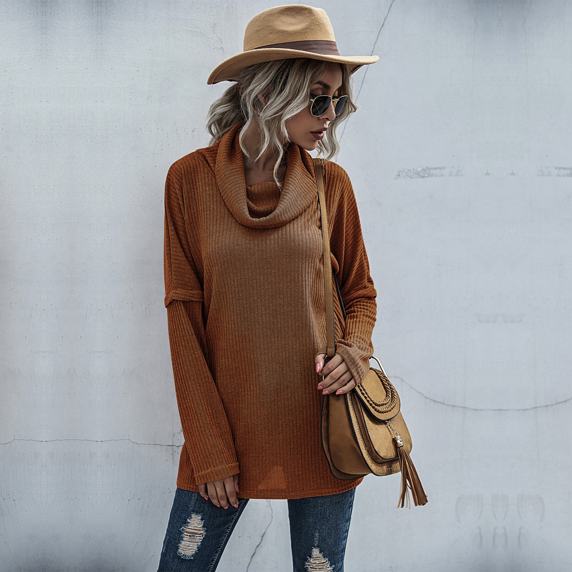 Damen modischer Oversized Pullover mit weitem Kragen und Rippstruktur WW