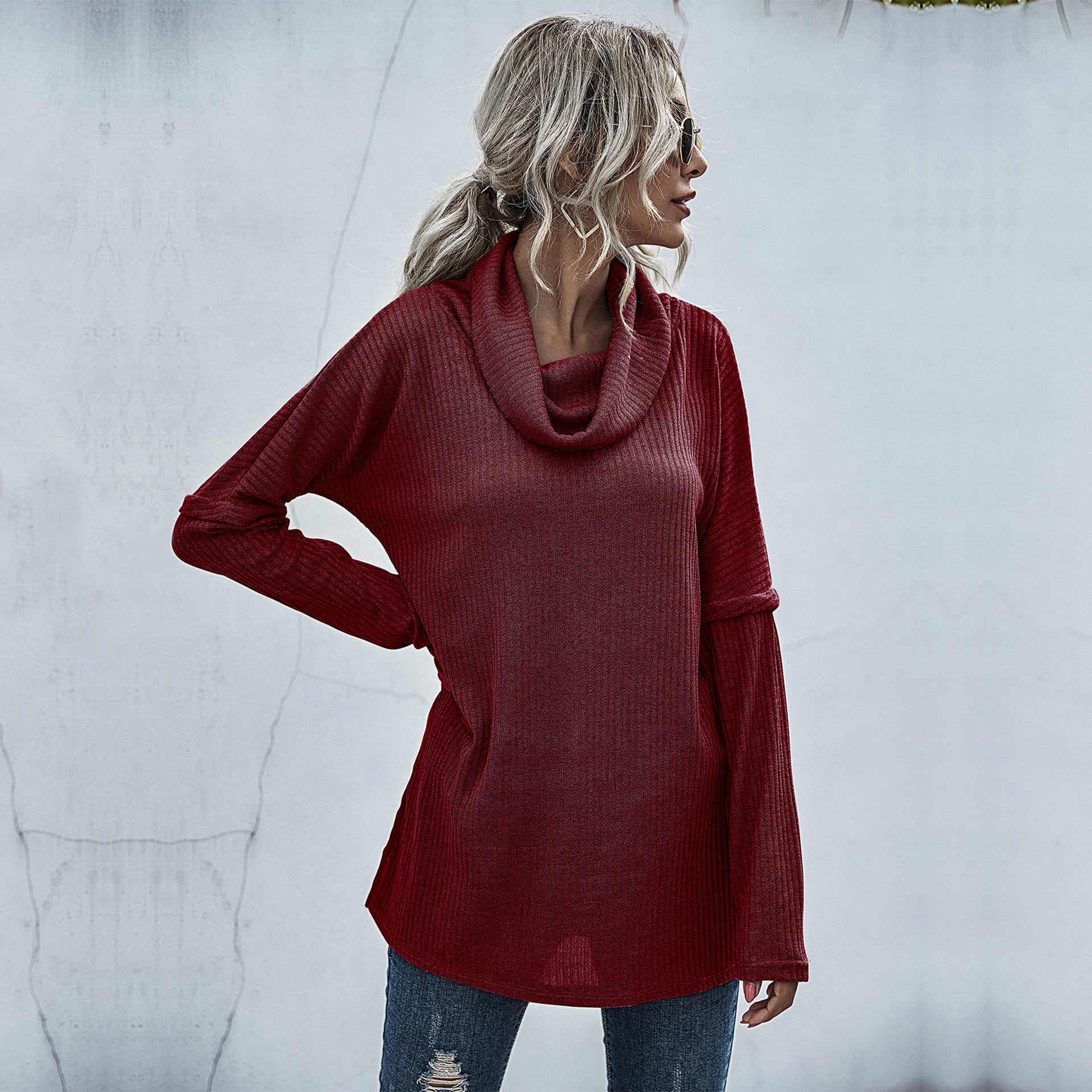 Damen modischer Oversized Pullover mit weitem Kragen und Rippstruktur WW