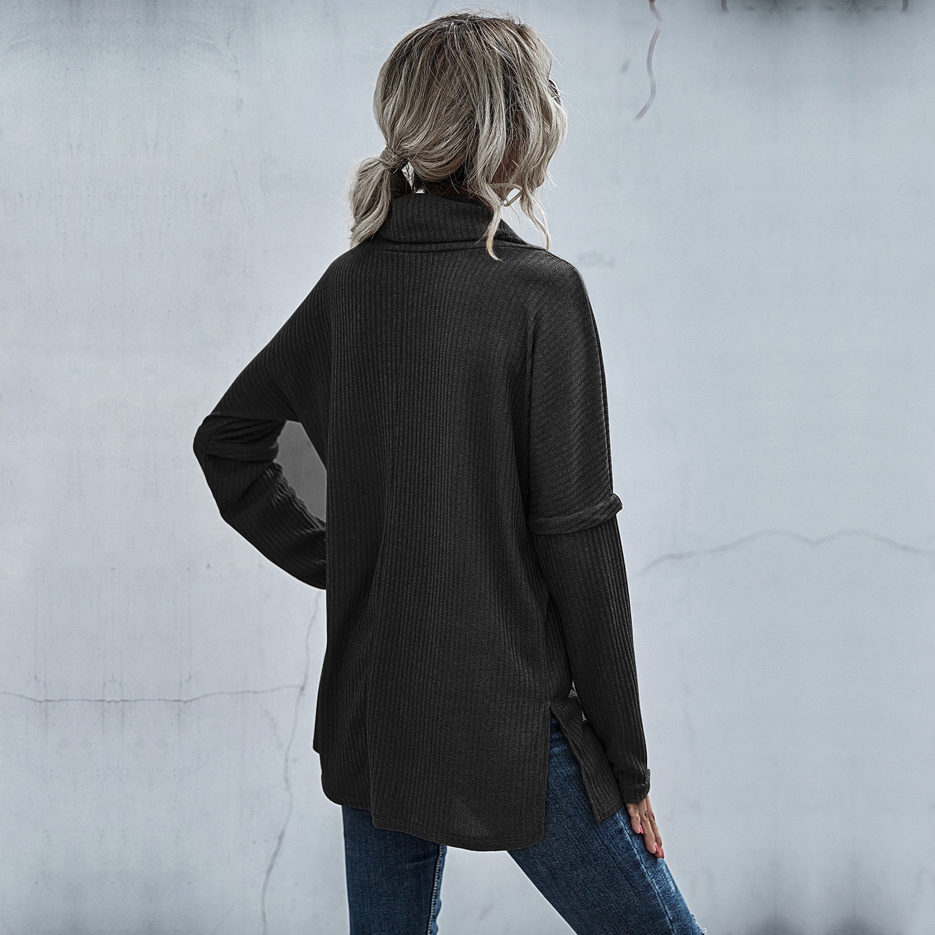 Damen modischer Oversized Pullover mit weitem Kragen und Rippstruktur WW