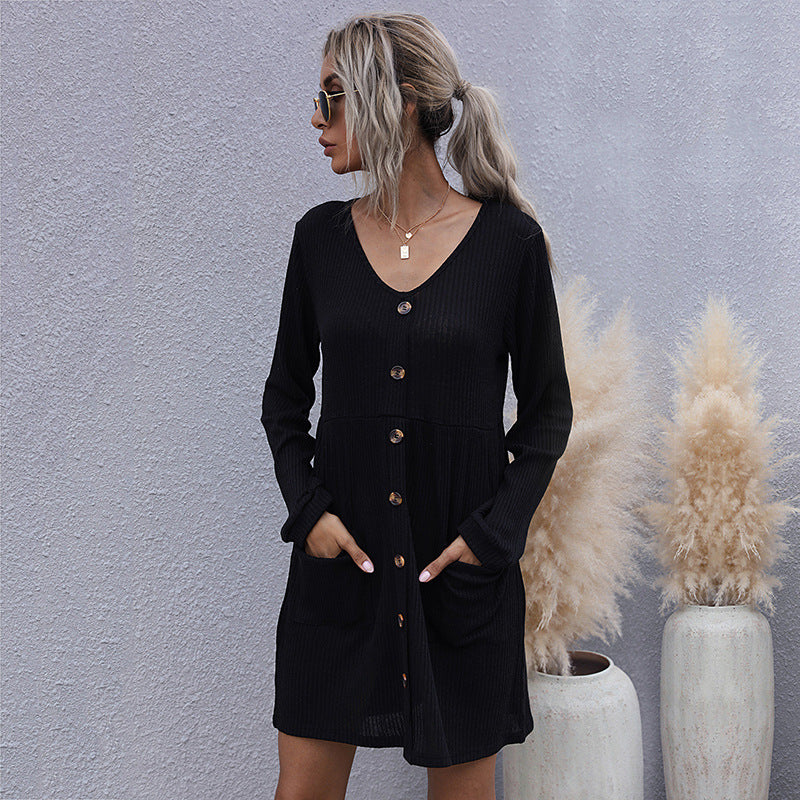 Damen Strickkleid mit durchgehendem Knopfverschluss und praktischen Taschen WW