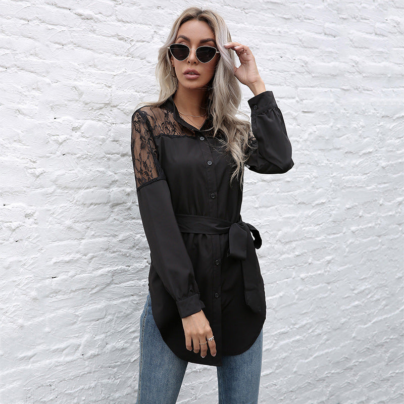 Damen Hemdblusenkleid mit transparenter Spitzenoptik und tailliertem Gürtel WW