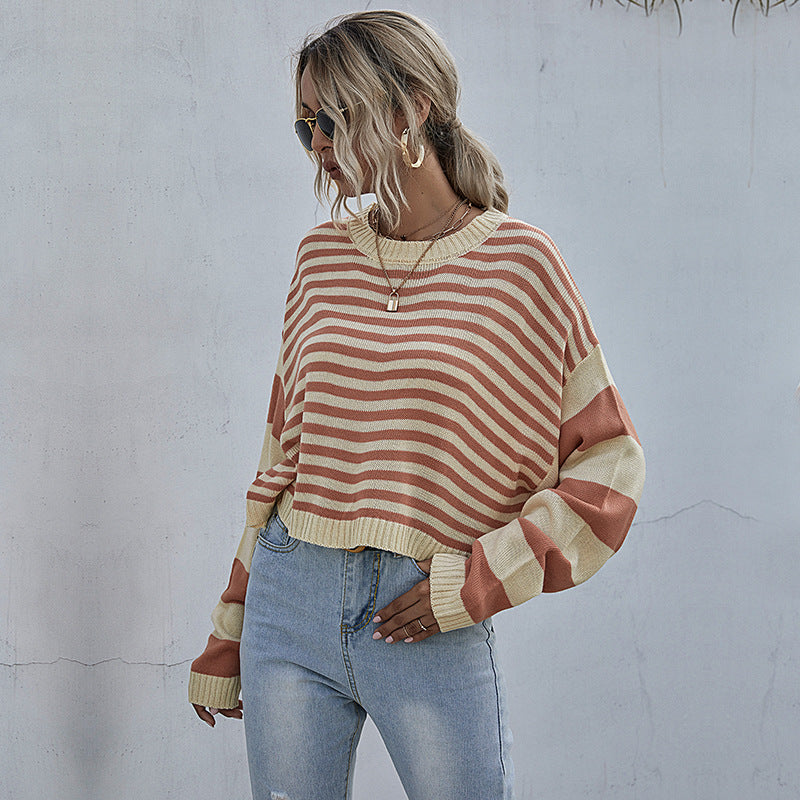Damen lässiger Oversized Pullover mit Streifenmuster und weiten Ärmeln WW