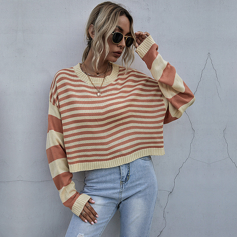 Damen lässiger Oversized Pullover mit Streifenmuster und weiten Ärmeln WW