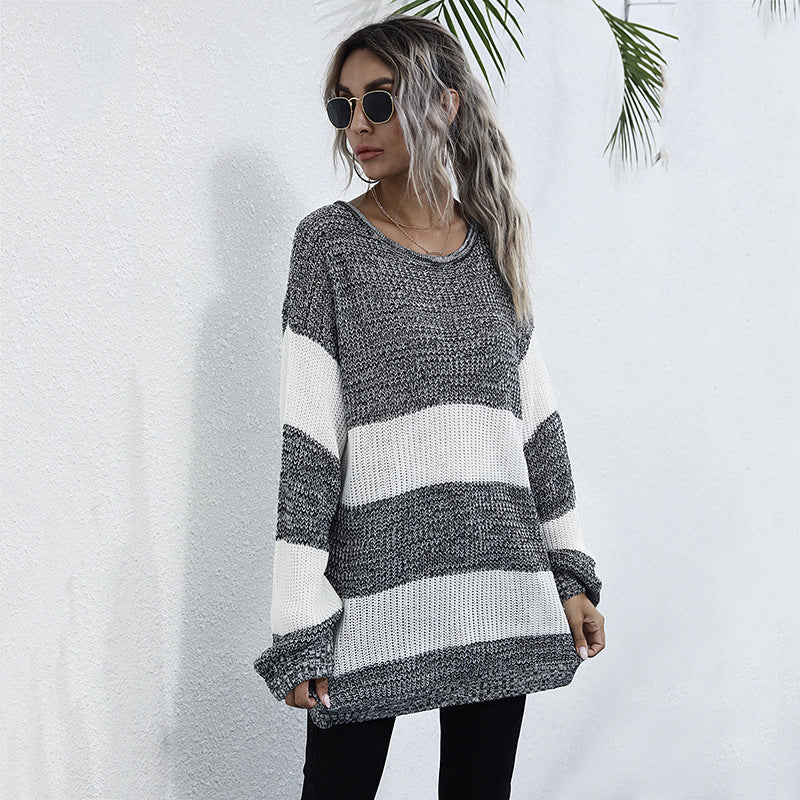 Damen lässiger Strickpullover mit modischem Streifenmuster und komfortablem Schnitt WW