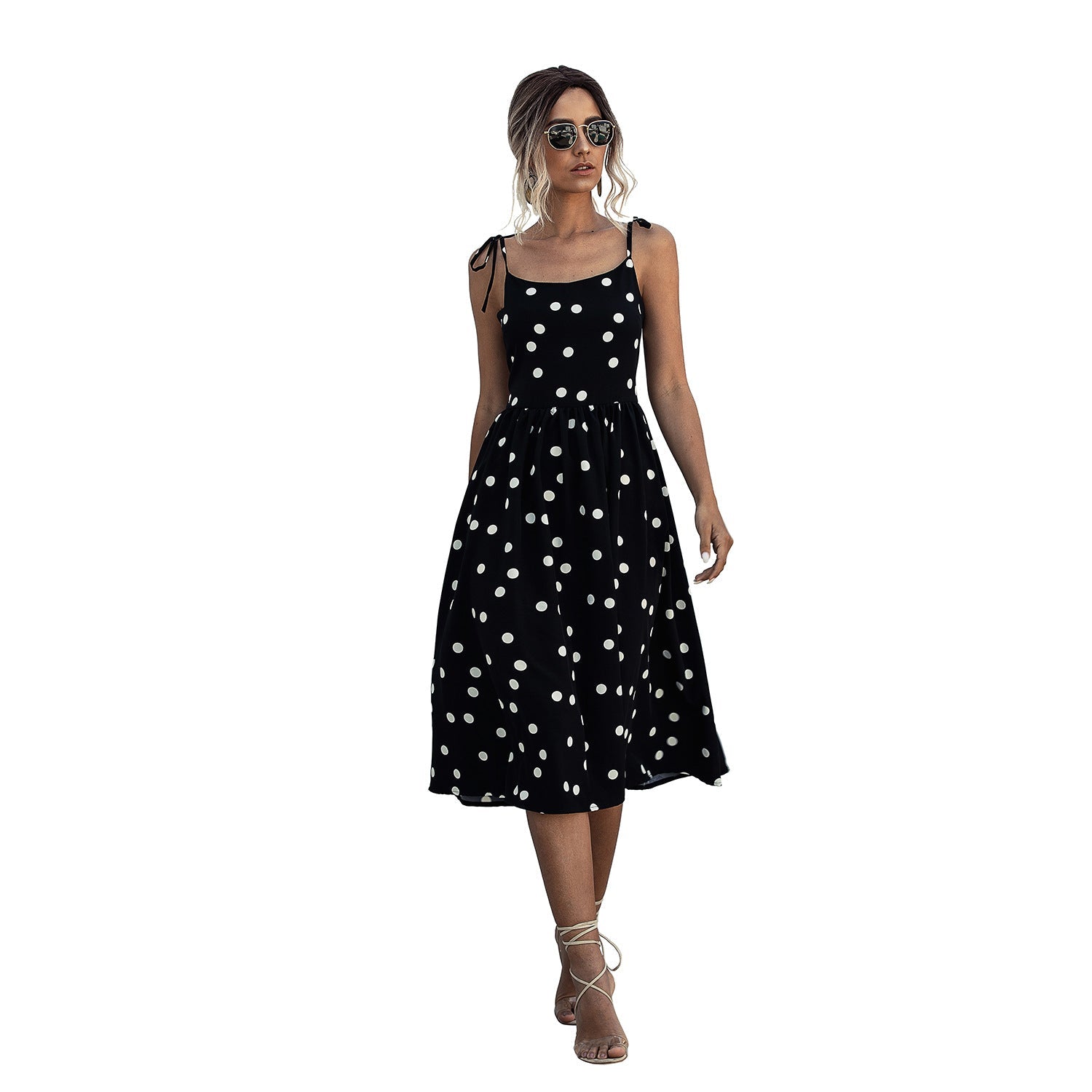 Damen Midi-Kleid mit Punkte-Design und verstellbaren Trägern WW