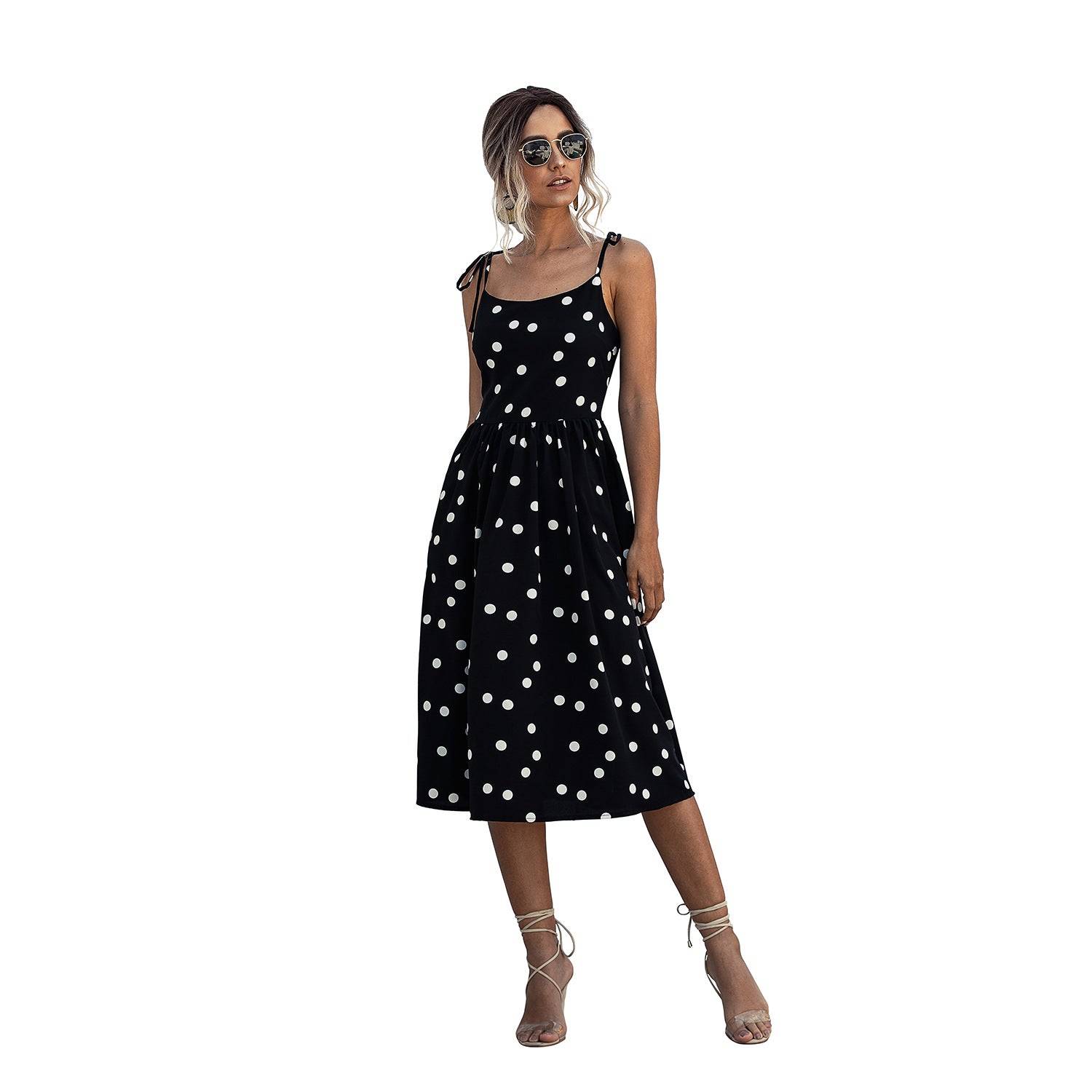 Damen Midi-Kleid mit Punkte-Design und verstellbaren Trägern WW