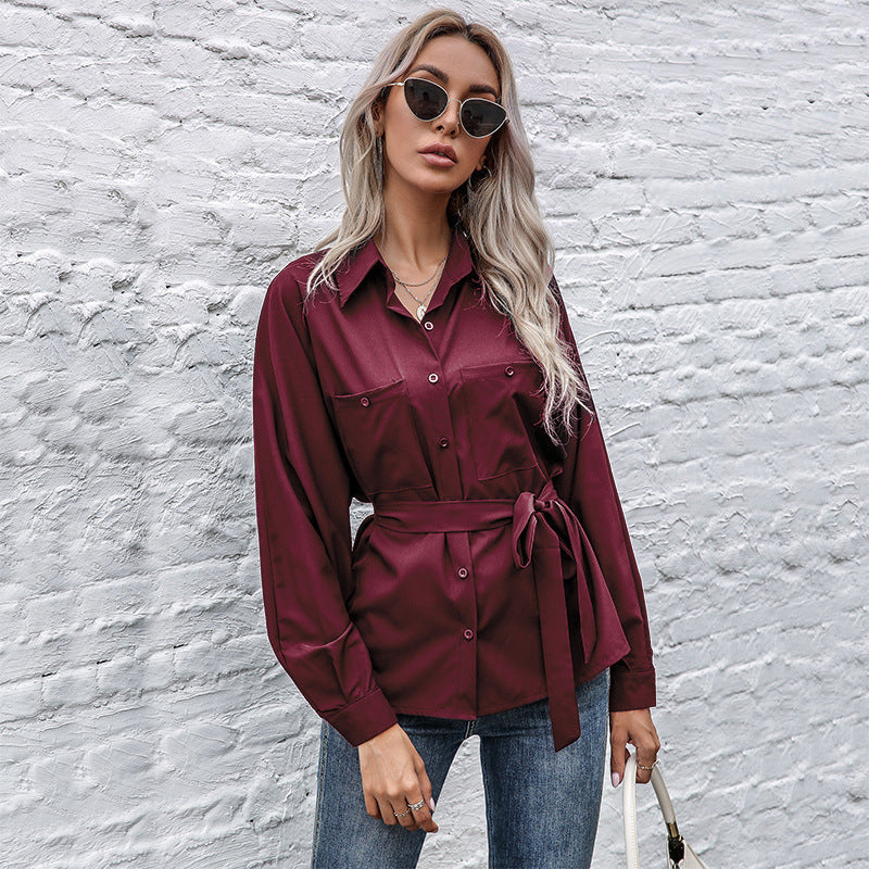 Damen Elegantes Hemdblusenshirt mit Taillengürtel und hochwertigem Satin Material WW