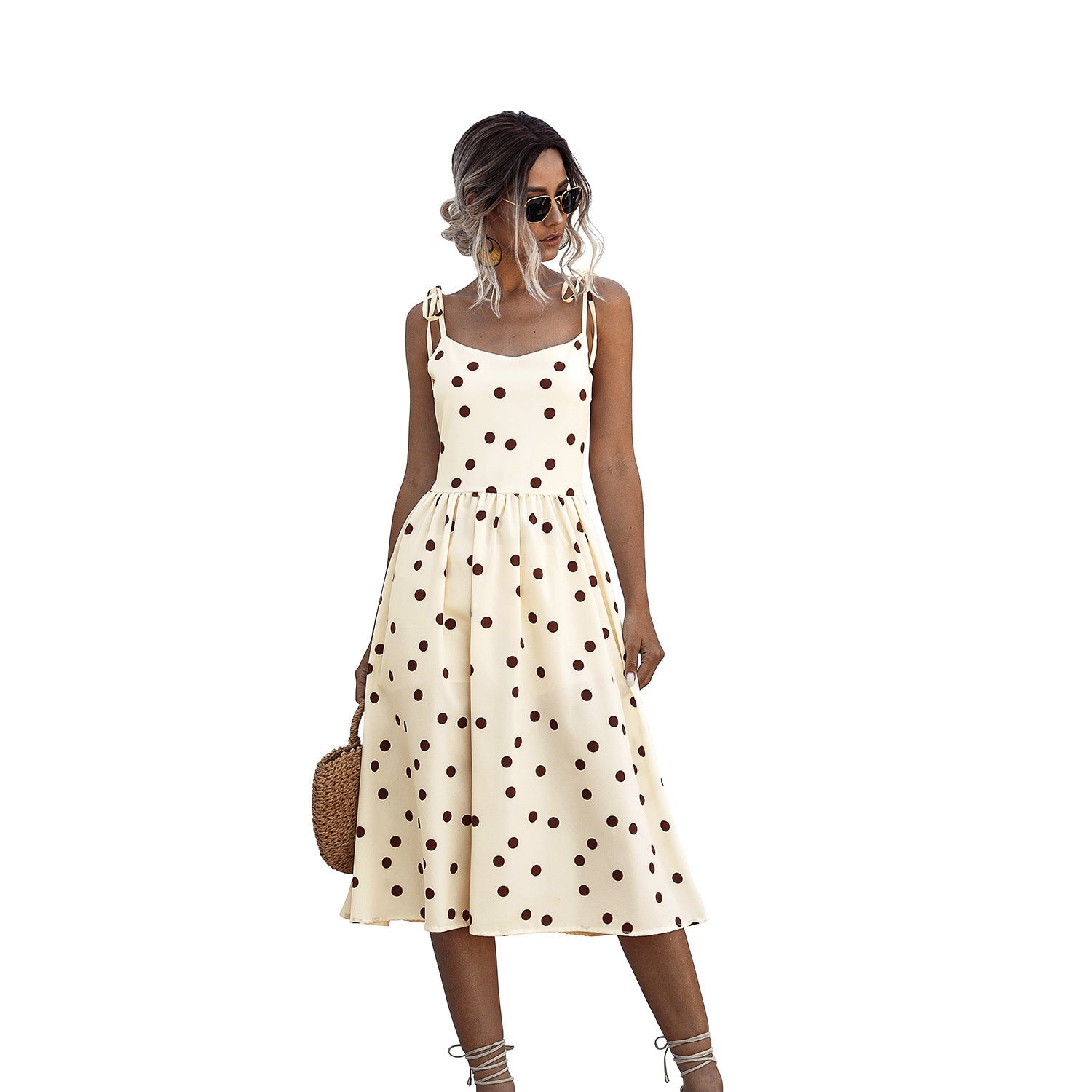 Damen Midi-Kleid mit Punkte-Design und verstellbaren Trägern WW
